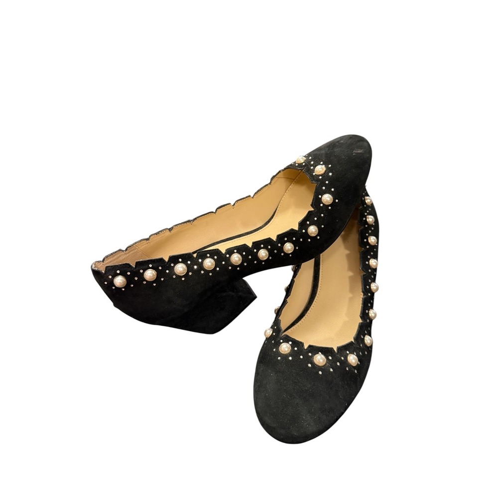 Botkier‎ Pump Women Size 9 Black Pearl Scalloped Suede Block Heel Embellished